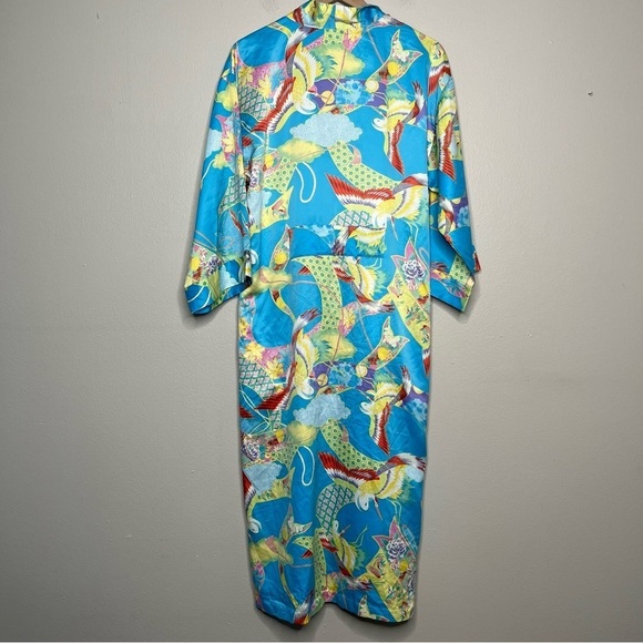 Natori Women Kimono Robe Medium‎ Satin Longline Duster Floral Crane Blue Yellow - Picture 2 of 9